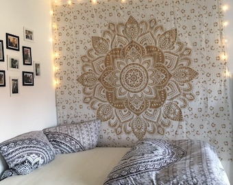 Tapestry lotus mandala white gold wall hanging from India boho walldecor, handmade in india, 100% cotton, fair trade, vegan