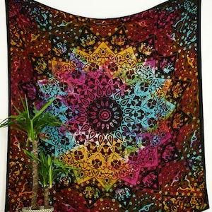 壁布 スター マンダラ バティック カラフル 約 210 x 230 cm インド タペストリー インド製 綿 100% XXL 壁掛け カルマンダラ製