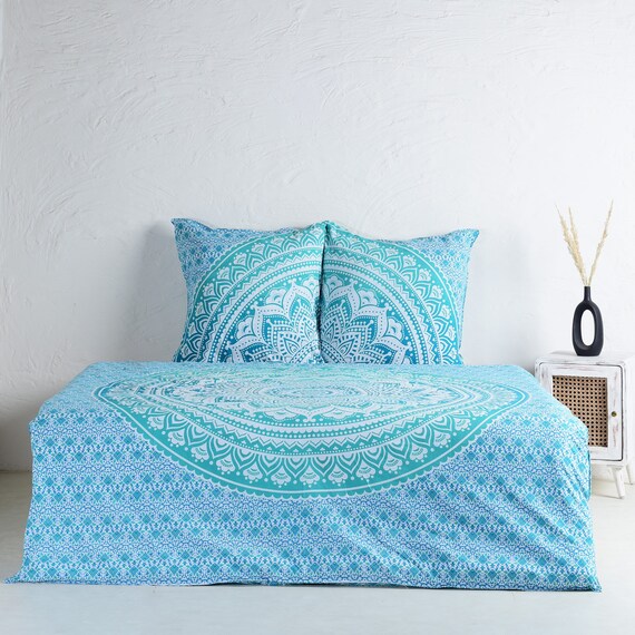 Mandala Duvet Cover Aquamarine 200x220 Cm, 100% Cotton, Queen Size Bed Linen  With Pillows, Handmade in India From Mandala Cloths, - Etsy