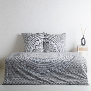 Ropa de cama con mandala en gris negro 200 x 220 cm, funda nórdica boho, ropa de cama india hecha de 100% algodón - cosida a mano con telas de mandala