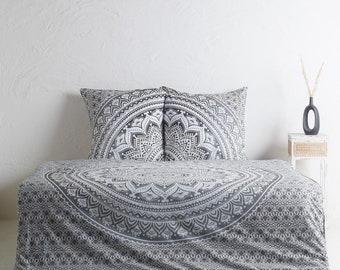 Mandala duvet cover black grey 200x220 cm, 100% cotton, queen size bed linen with pillows, handmade in india from mandala cloths,