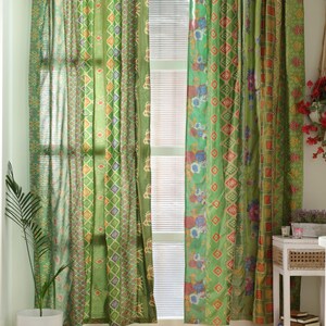 Boho-Vorhänge Grün Indischer Sari Vorhang handgefertigte Patchwork Gardine bunte Fenster Dekoration Hippie-Schlafzimmer aus recycelten Saris