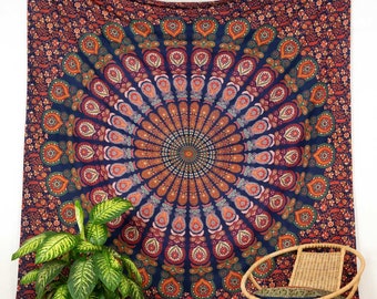 Peacock feather mandala wall hanging, blue, green, orange, approx. 210 x 230 cm, Indian tapestry, handmade in India, 100% cotton wall hanging