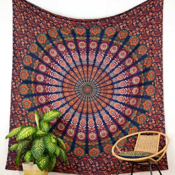 Serviette murale tapisserie bleu orange vert paon mandala indien boho hippie gipsy ethno couverture de couette