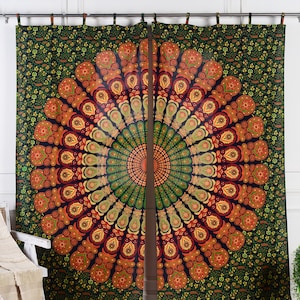 Indian curtain peacock feather mandala green orange curtain ethnic style with loops without hooks handmade from fair trade