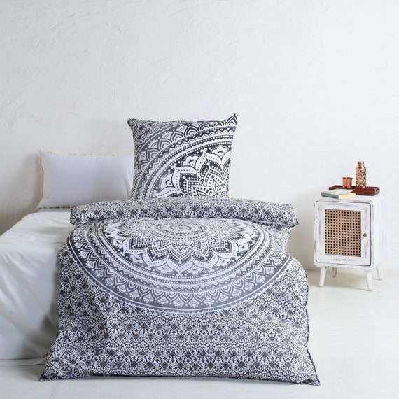 Parure de lit avec mandala en noir gris 140 x 200 cm, housse de couette  bohème, parure de lit indienne en 100 % coton cousue à la main à partir de  tissus mandala. -  France
