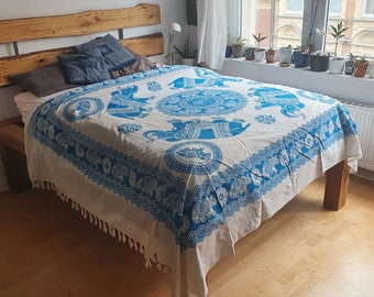 Couvre-lit indien en bleu, avec mandala fait d'éléphants - grand couvre-lit en coton - avec motif oriental, environ 220 x 240 cm