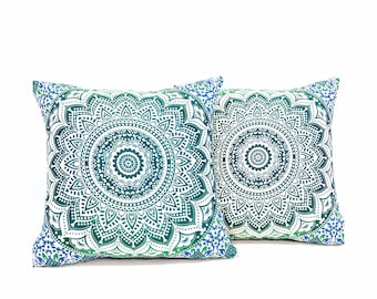 Coussin mandala turquoise 40 x 40 cm Coussin décoratif indien en coton Housse de coussin décorative 15 pouces Coussin d'assise pour canapé et fauteuil équitable végétalien