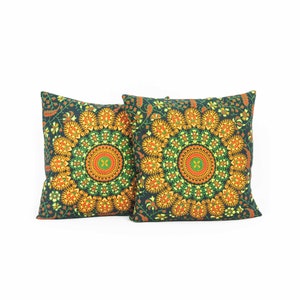 Mandala cushion green orange 40 x 40 cm decorative cushion feather pattern, Indian cotton decorative cushion cover 15 inch seat cushion for sofa and armchair