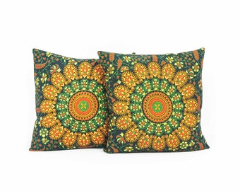 Mandala cushion green orange 40 x 40 cm decorative cushion feather pattern, Indian cotton decorative cushion cover 15 inch seat cushion for sofa and armchair