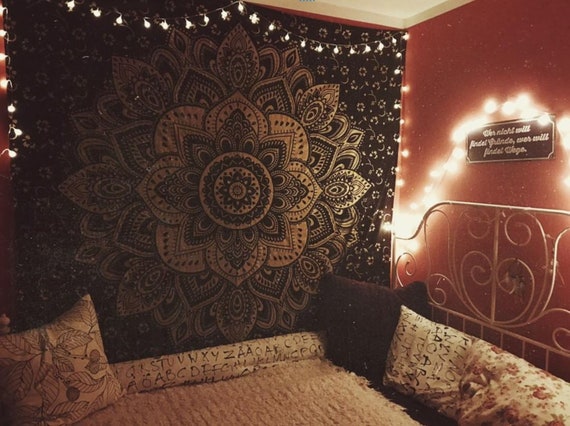 Mandala Tapestry in Black and Gold Wallhanging With Lotus Flower