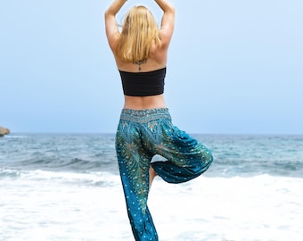 Pantalones harén con plumas de pavo real en azul y turquesa, tallas M-L - cómodos pantalones holgados de viscosa suave, unisex para mujer y hombre - cosidos a mano