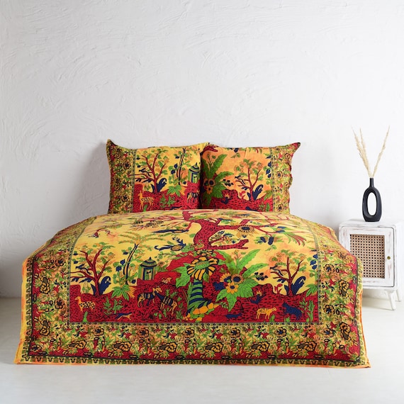 Indische Bettwäsche 200x220 cm mit Lebensbaum in orange - Bettbezug aus Baumwolle mit Reissverschluss und Kopfkissen boho Style Schlafzimmer