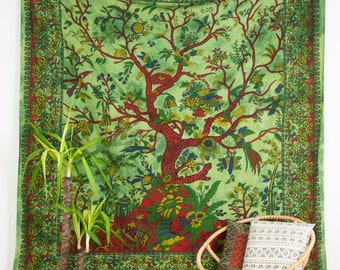 Tapisserie arbre de vie batik vert tenture murale indienne arbre de vie tapisserie arbre du monde commerce équitable jeté de lit