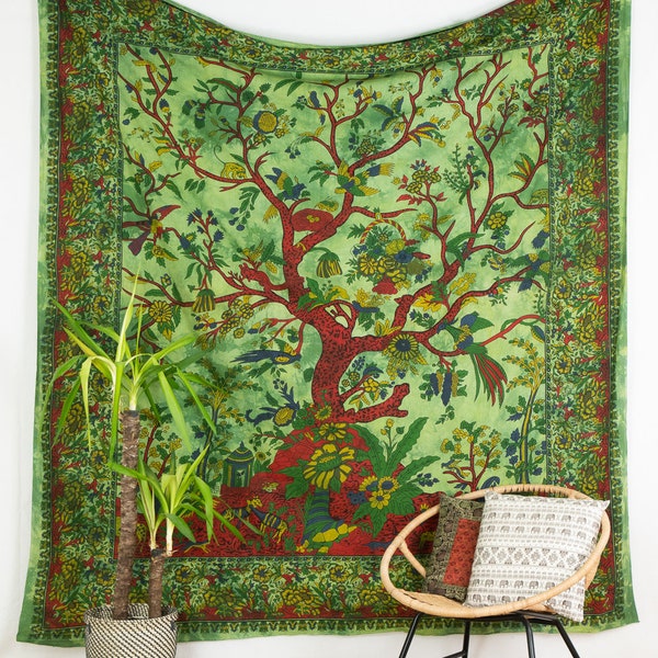 Wandtuch Baum des Lebens batik grün indischer Wandbehang Lebensbaum Wandteppich Weltenbaum fair gehandelt tagesdecke überwurf
