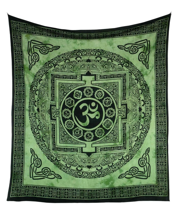 Wall Cloth Om Sign Green Indian Wall Hanging With Ohm and Chakra Sign Cotton Tapestry in Batik Vegan Fair Trade Etsy