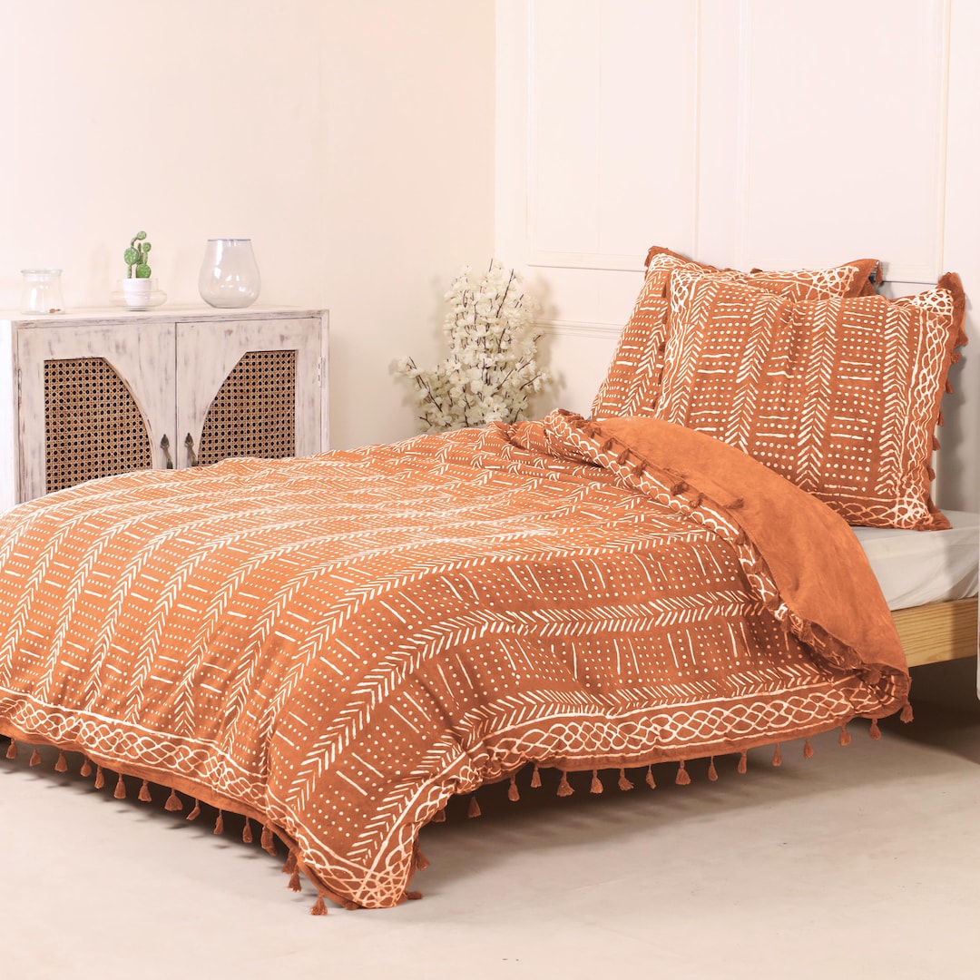 Bed Linen With Block Print in Brown Boho Duvet Cover for Double Bed 200 X 220 Cm Pillow 100