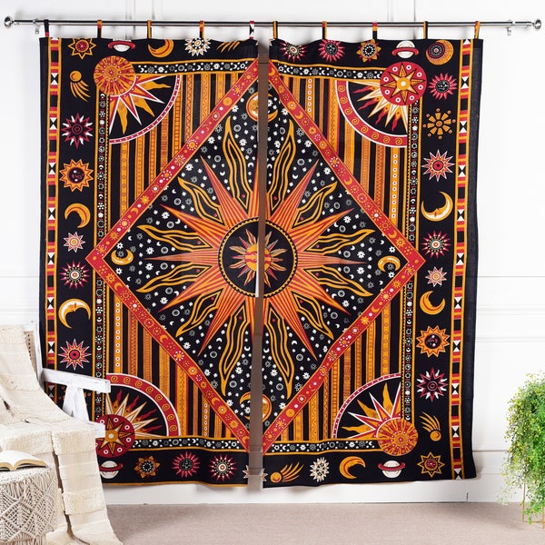 Curtain Astro Mandala black orange Indian loop curtains with sun and stars opaque handmade and fair trade