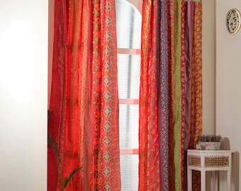 Cortinas boho, vermelhas, 210 x 210 cm, cortina de sari indiano, cortina de patchwork feita à mão, decoração colorida para janela, quarto, saris reciclados.