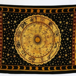 Wall cloth with zodiac sign Astro stars planets and sun in yellow on black Indian wall hanging spiritual tapestry fair trade