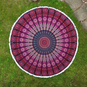 Mandala roundie indian beachtowel round peacock mandala purple pink white with fringe 185 cm fair and vegan