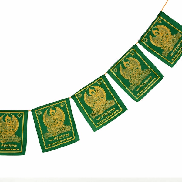 Gebetsfahne grüne Tara ca. 2 m, Buddha Fähnchen mit Mantra und buddhistischen Segensspruch tibetische Gebetsfahnen aus Baumwolle, aus Nepal