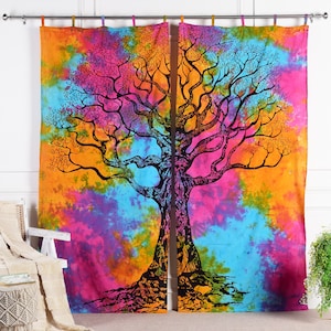 Boho Curtains multicolor with tree of life, indian curtain with loops handmade of cotton, bohemian decoration for living room