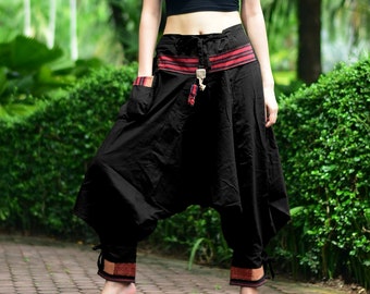 Harem pants in black with ethnic fabric, Goa pants made of 100% cotton, unisex - very flexible, for every fit, hand-sewn and fairly traded