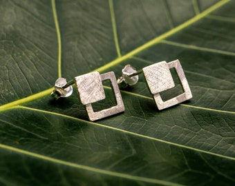 Earrings square 925 silver matt brushed - small earrings in filigree design - discreet silver jewelry for women, handmade