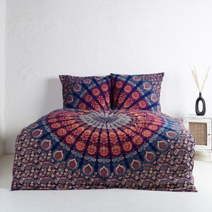 Beddengoed met mandala in blauworanje - dekbedovertrek van 100% katoen - handgemaakt en eerlijk verhandeld in India - Karmandala-doeken