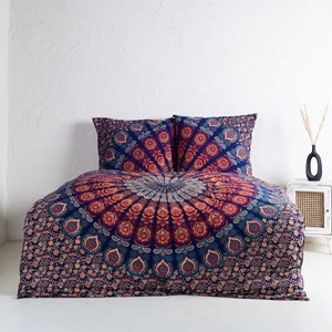 Bedding with mandala in blue orange - duvet cover for 100% cotton - handmade and fair trade in India - Karmandala towels