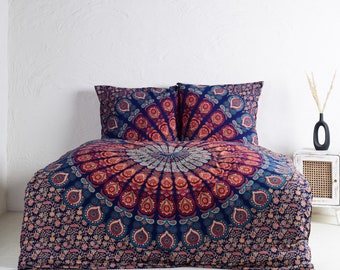 Bettwäsche mit Mandala in blau orange - Bettbezug für aus 100% Baumwolle - handgefertigt und fair gehandelt in Indien - Karmandala Tücher