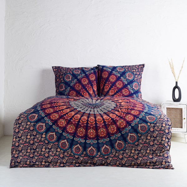 Bettwäsche mit Mandala in blau orange - Bettbezug für aus 100% Baumwolle - handgefertigt und fair gehandelt in Indien - Karmandala Tücher