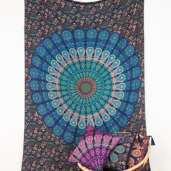 Mandala Wandtuch Pfauenfeder Muster indischer Wandbehang blau türkis Wandteppich indisch boho hippie gipsy ethno Überwurf Bettdecke