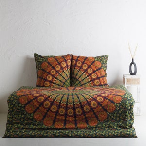 Bed linen with mandala in green orange 200 x 220 cm + pillowcases - duvet cover made of 100% cotton - handmade and fairly traded in India