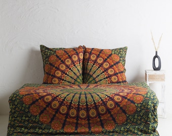 Bettwäsche mit Mandala in grün orange - Bettbezug für aus 100% Baumwolle - handgefertigt und fair gehandelt in Indien - Karmandala Tücher