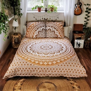 Mandala duvet cover beige brown 200x220 cm, 100% cotton, queen size bed linen with pillows, handmade in india from mandala cloths,