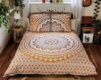 Bettwäsche mit Mandala in ocker braun 200x220 cm, Boho Bettbezug, indische Bettwäsche aus 100% Baumwolle - handgenäht aus Mandala Tüchern