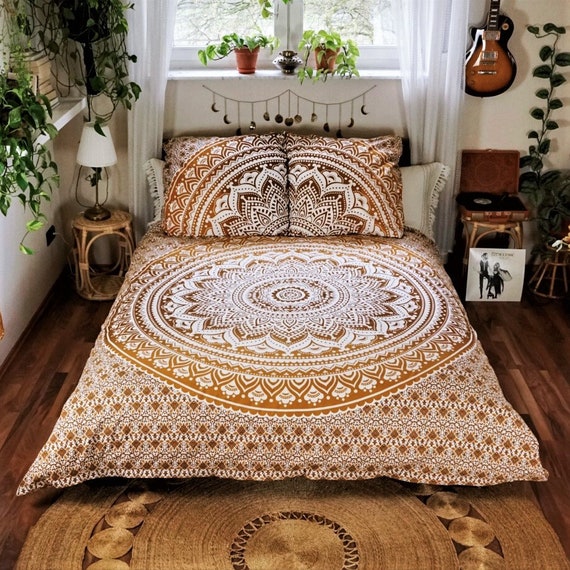 Ropa de cama con mandala en marrón ocre 200 x 220 cm, funda nórdica  bohemia, ropa de cama india de 100% algodón, cosida a mano con telas de  mandala -  España