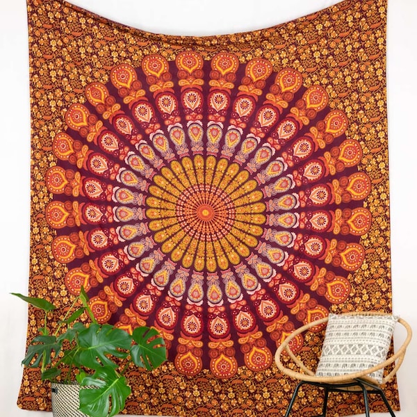 Wall hanging mandala Indian tapestry wall cloth dark red orange yellow peacock mandala Indian boho hippie gipsy ethnic throw bed cover