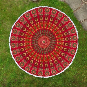 Round mandala beachtowel in red - indian bedspread with white fringe appox. 185 cm 100% cotton boho style round blanket