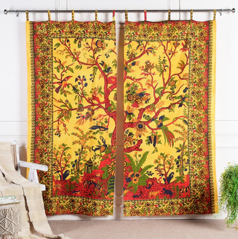 Indischer Vorhang Lebensbaum orange Weltenbaum batik gelb Baum des Lebens Boho Gardinen Hippie Stil Fenster Dekoration aus fairem Handel