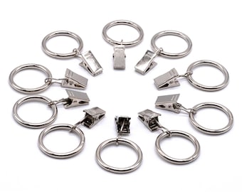 Curtain rings with clip and hook silver, secure attachment for wall cloth and tapestry with strong clamp and hook for hanging