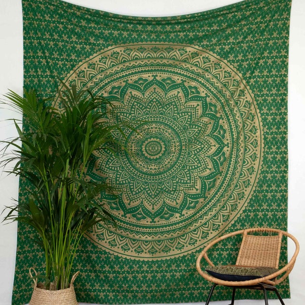 Tapiz Ombre Mandala tapiz de oro verde de la India colgante de pared espiritual, hecho a mano con 100% algodón, comercio justo, vegano