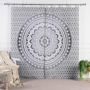 Curtain ombre mandala black gray Indian curtains translucent window decoration fair trade handicrafts from India