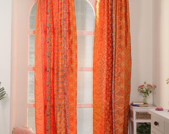 Cortina boho, laranja, 210 x 210 cm, estilo sari indiano, cortina artesanal em patchwork, decoração de janela para quarto, feita com tecido de sari reciclado.