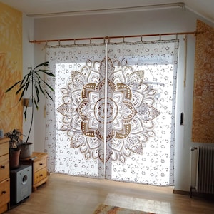 Indian curtain lotus mandala white gold oriental curtain ethnic style with loops opaque drapes, handmade in india from fair trade