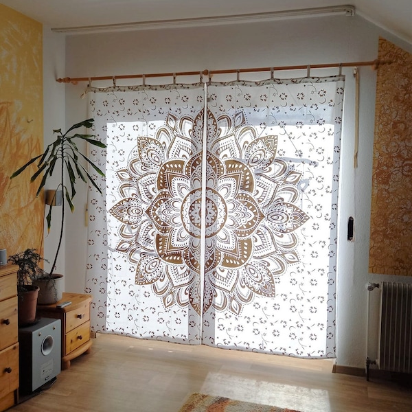 Indischer Vorhang Lotus Mandala weiß gold orientalische gardine ethno stil mit Schlaufen blickdicht handgefertigt aus fairem handel