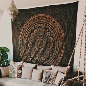Tapestry ombre mandala black gold indian wall hanging, boho walldecor handmade from 100% cotton, vegan, fair trade in india