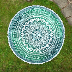 Round beach towel Ombre Mandala turquoise Indian bedspread with fringes Ø approx. 185 cm Yoga towel made of cotton in round, fair trade